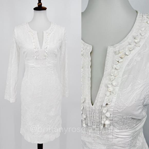 VINTAGE LILLY PULITZER Long Sleeve White Embroidered Shell Beaded Mini Dress XS - Picture 3 of 10